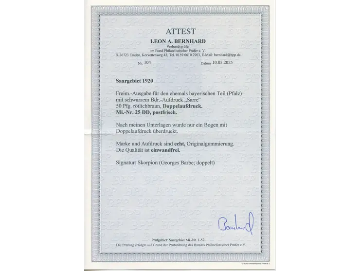 1920, Ludwig 50 Pfg., mit Doppelaufdruck, postfrisch, tadellos, sign. Barbe sowie Fotoattest Bernhard BPP (2026)