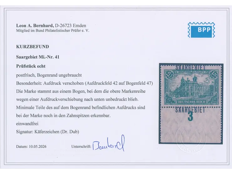 1920, Germania 1,25 M., mit stark nach unten verschobenem Aufdruck, sodass sich der Aufdruck oben bzw. auf dem Unterrand und 