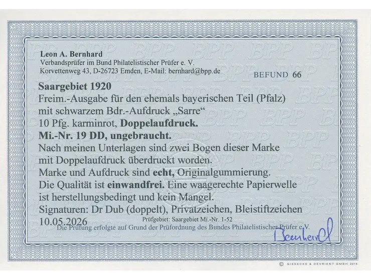 1920, Ludwig 10 Pfg., mit Doppelaufdruck, ungebraucht mit herstellungsbedingter Papierwelle, einwandfrei. Es sind nur zwei Bo