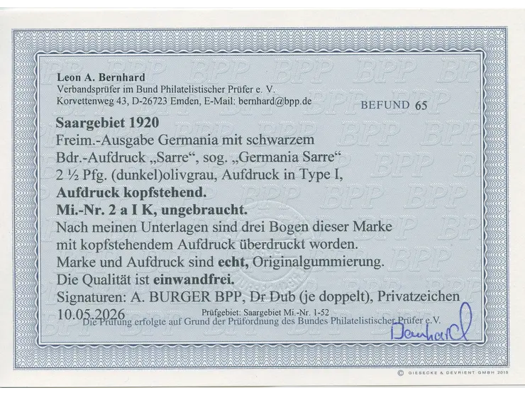 1920, Germania 2 ½ Pfg., Aufdrucktype I, Aufdruck kopfstehend, sauber ungebraucht, tadellos, u.a. sign. A. Burger BPP sowie F