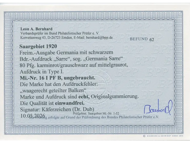 1920, Germania 80 Pfg., Aufdrucktype I, mit Aufdruckfehler “waagerecht geteilter Balken", sauber ungebraucht, einwandfrei, Fo