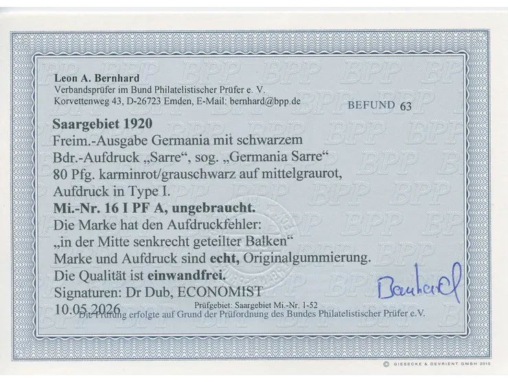 1920, Germania 80 Pfg., Aufdrucktype I, mit Aufdruckfehler “in der Mitte senkrecht geteilter Balken", sauber ungebraucht, ein