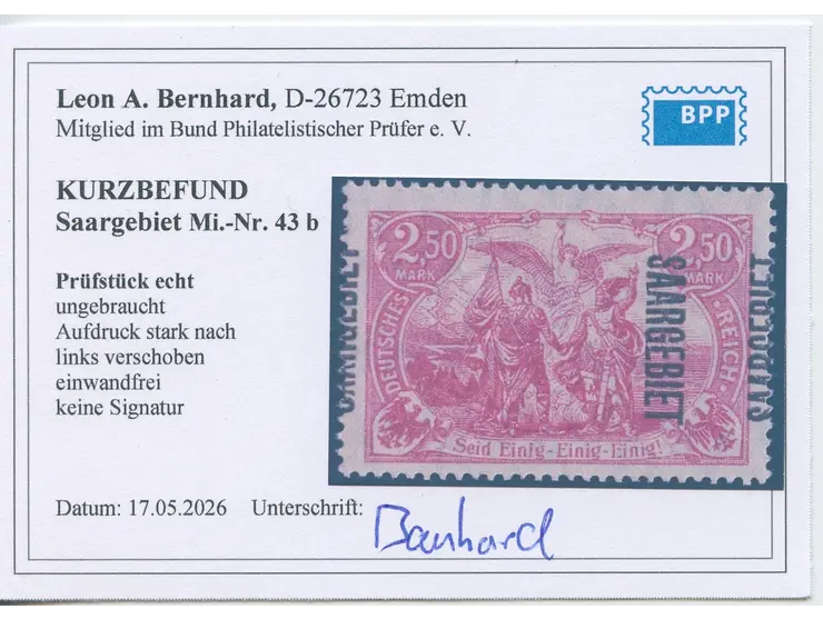 1920, 2,50 M. karmin, mit stark verschobenem Aufdruck, ungebraucht, tadellos, Kurzbefund Bernhard BPP (2026)