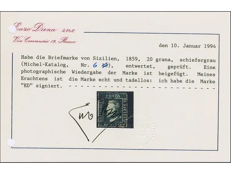 1859, 20 gr. grey-slate, a used example of fine deep colour, good margins all round, lightly cancelled in black, fine. Certif