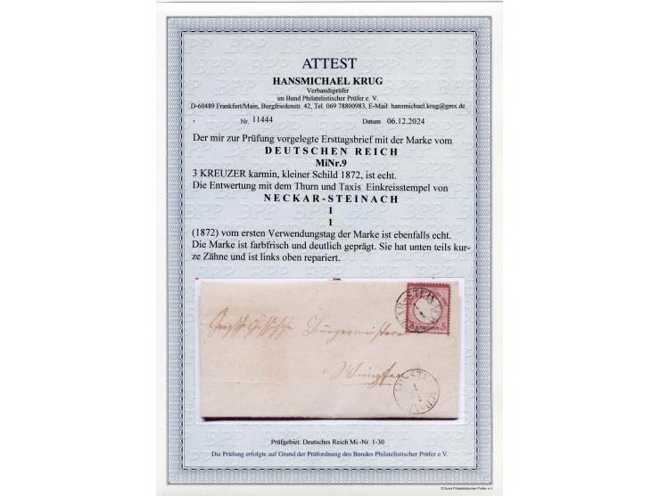 3 Kreuzer karmin, farbfrisch, deutlich geprägt mit teils kurzen Zähnen unten, mit klarem EKr. "NECKAR-STEINACH 1.1.(72) auf k