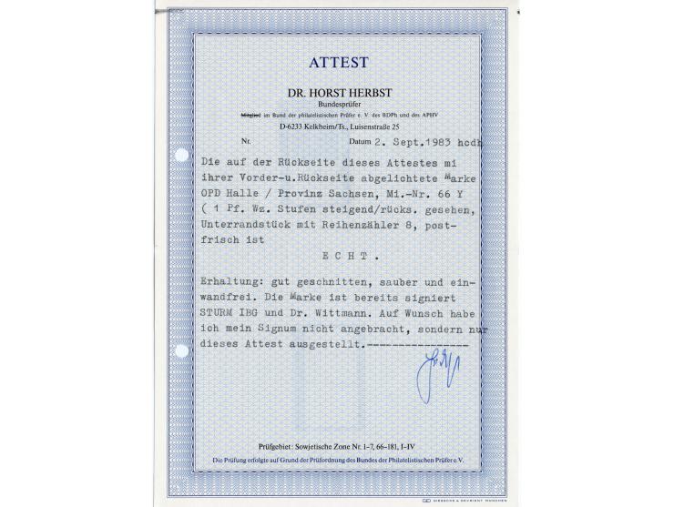 1945, Wappen 1 Pfg. mit Wasserzeichen “Stufen steigend”, Unterrandstück, allseits breitrandig, postfrisch und tadellos. Eine 