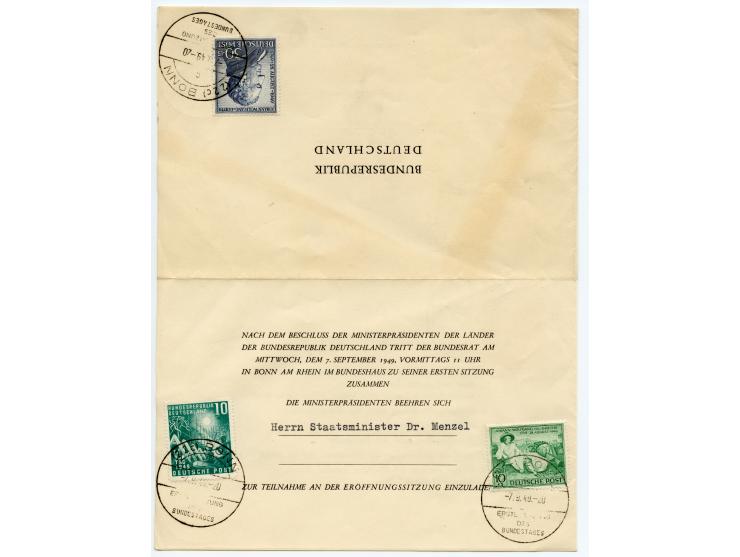 1949, Bundestag 10 und 20 Pfg. mehrfach mit Ersttag-Sonderstempel “BONN 7.9.49” auf fünf Dokumenten zur 1. Sitzung des Deutsc