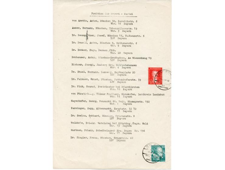 1949, Bundestag 10 und 20 Pfg. mehrfach mit Ersttag-Sonderstempel “BONN 7.9.49” auf fünf Dokumenten zur 1. Sitzung des Deutsc