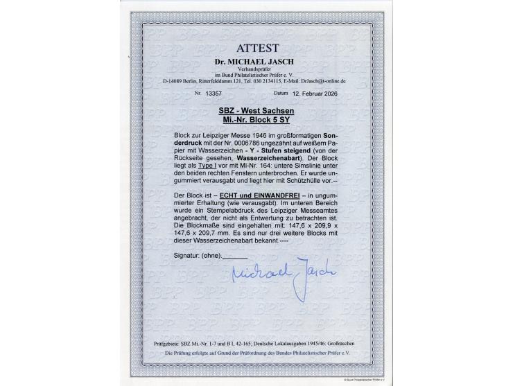 1946, Leipziger Messe-Block im großformatigen Sonderdruck mit Wasserzeichen “Stufen steigend”, Blocktype I, mit üblichem Sond