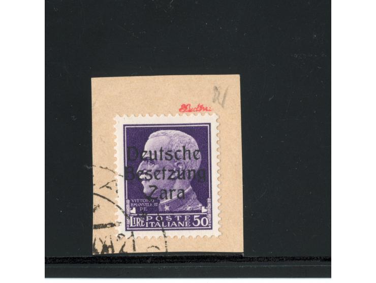50 Lire schwärzlichgrauviolett, farbfrisch und gut gezähnt, sauber mit Teil-Ersttagsstempel “ZARA /ARRIVE E PARTENZE -9.10.43