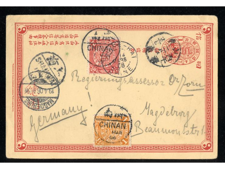 1898, C.I.P. 1 c. reply card from Tsinanfu, uprated coiling dragon 1 c. and 2 c. tied lunar dater CHINAN 7.3.06, bilingual CH