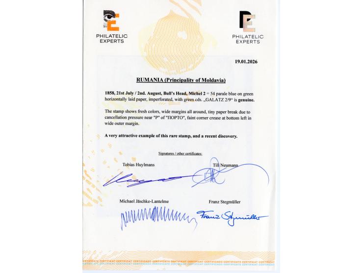 1858, Bull's head 54 par. blue on green horizontally laid paper, fresh colours and wide margins, with green cds. “GALATZ 2/9”