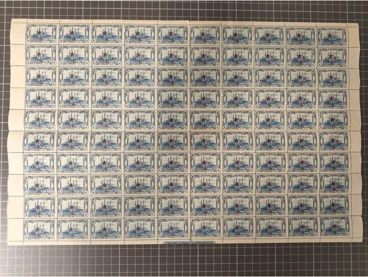 1916, Five star 1332 overprinted three Andrinople issue postage stamps in complete sheets of 100 (folded two times), mint nev