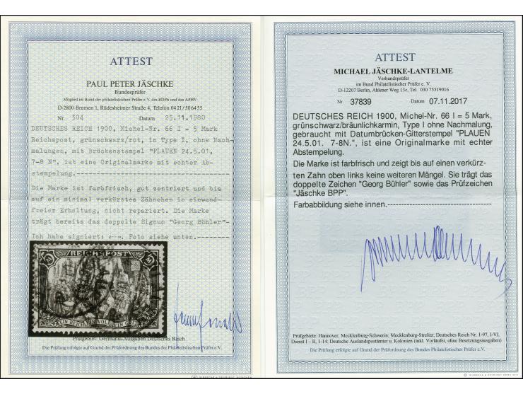 5 M. in Type I, farbfrisch und sauber gestempelt, oben links ein winzig verkürzter Zahn, sonst tadellos, eine seltene Marke, 