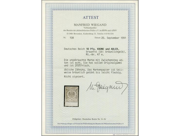 10 Pfennig dunkelrosarot, mit Zwischenstegansatz unten, postfrisch, das Markenpapier teilweise leicht getönt bis fleckig, son