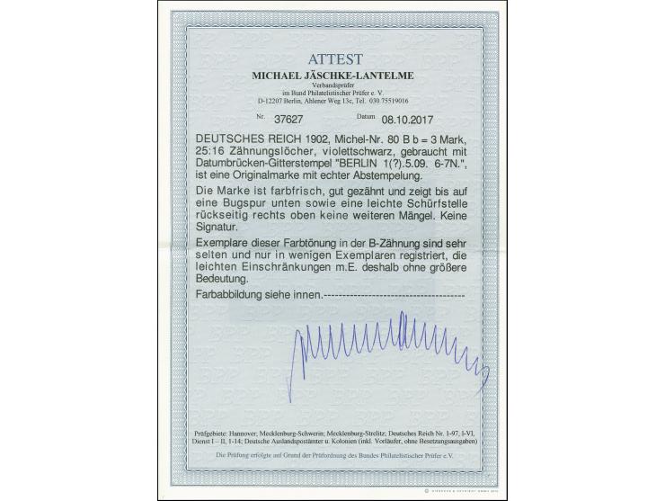 3 M. schwarz-purpurviolett mit Zähnung 25:16, farbfrisch und sehr sauber gestempelt, kleine Bugspur unten und rückseitig mit 