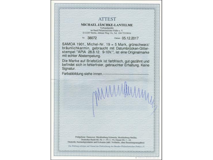 1900, Schiffszeichnung 5 M. sauber mit klarem Stempel "APIA 28/8 12" auf Briefstück, tadellos, Fotoattest Jäschke-L. BPP (201
