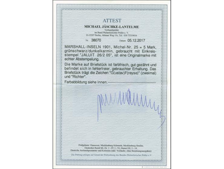 1900, Schiffszeichnung 5 M. sauber mit klarem Stempel "JALUIT 26/2 05" auf Briefstück, tadellos, u.a. sign. Freyse und Fotoat
