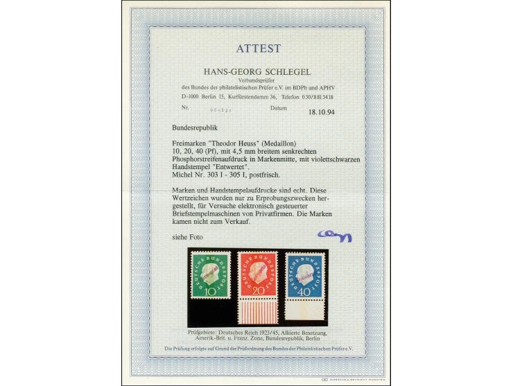 1959, Heuss III 10-40 Pfg. mit violettem Handstempel "Entwertet" und 4 1/2 mm breitem senkrechten Phosphorstreifen in der Mar