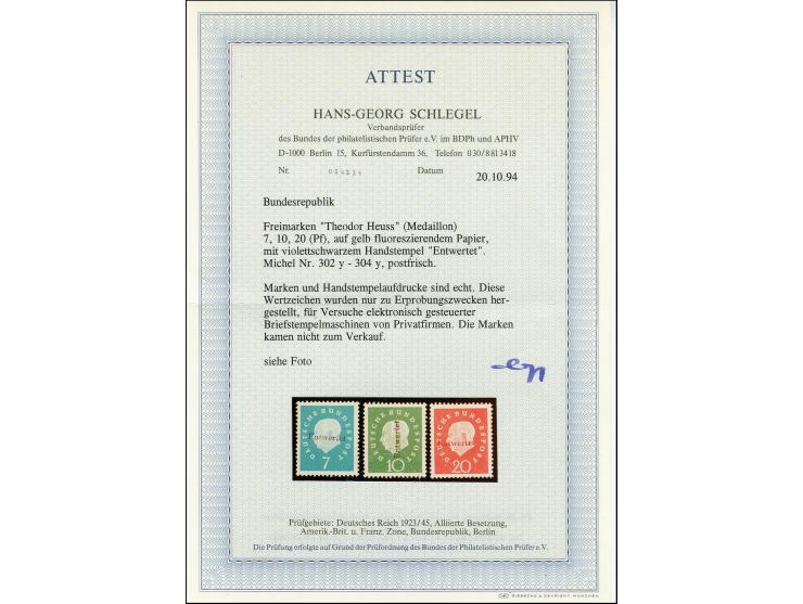 1959, Heuss III 7-20 Pfg. auf gelb fluorezierendem Papier und violettem Handstempel "Entwertet", postfrisch, tadellos, Fotoat