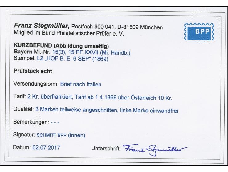 3 Kr. rosa, 4 Einzelwerte, teils angeschnitten bis breitrandig mit L2 "HOF B.E. / 6 SEP" auf Briefhülle über Österreich nach 