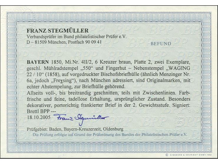 1858, 6 Kr. braun, 2 Einzelwerte, beide voll- bis breitrandig mit gMR "550" und nebengesetztem Fingerhutstempel "WAGING 22/10