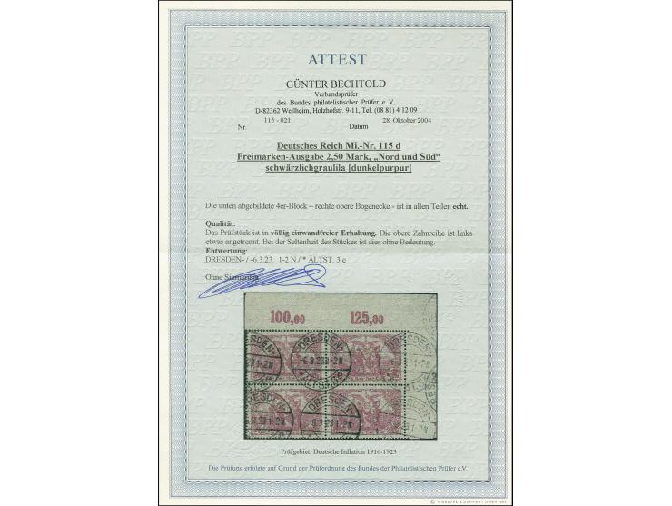 2,50 M. schwärzlichgraulila im Viererblock aus der rechten oberen Bogenecke,  sehr sauber gestempelt, die obere Zahnreihe ist
