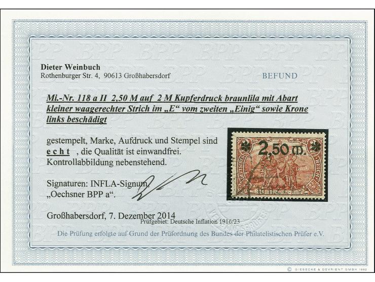 2,50 M. auf 2 M. braunlila mit Plattenfehler "kleiner waagerechter Strich beim E vom zweiten Einig sowie Krone links beschädi