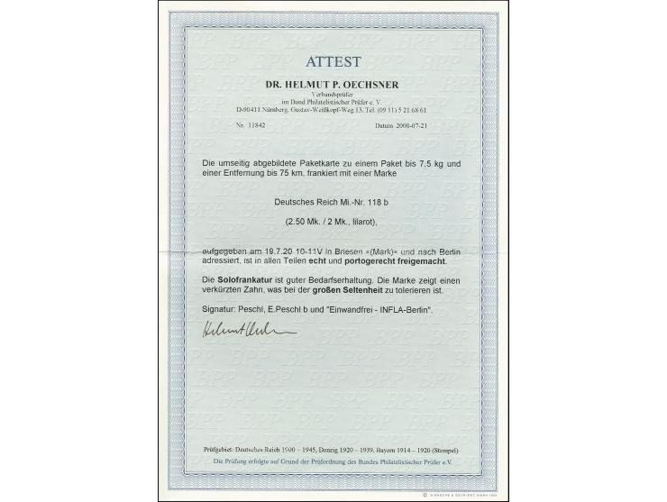 2,50 M. auf 2 M. rosakarmin als portogerechte Einzelfrankatur auf Paketkarte von "BRIESEN 19.7.20 nach Berlin, Marke mit kurz