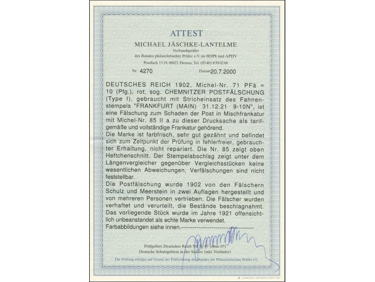 "Chemnitzer Postfälschung" 10 Pfg. rot, Type I und Germania 5 Pfg. grün (Heftchenschnitt oben) als portogerechte Frankatur au