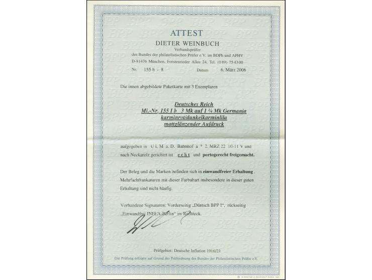 3 M. auf 1 1/4 M. karminrot/dunkelkarminlila, senkrechtes Paar und Einzelwert je mit Stempel "ULM a.D. BAHNHOF 2.MRZ.22" als 