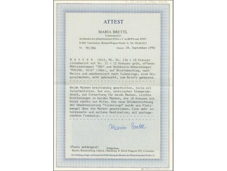 1862, 18 Kr. zinnoberrot und 12 Kr. grün, je breitrandig mit nur einem oMR. "384" als Entwerter auf kleinformatigem Umschlag 