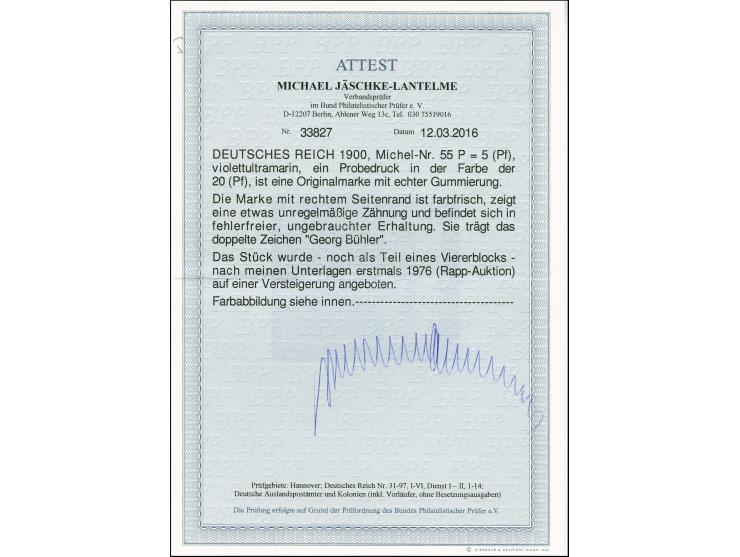 5 Pfg., Probedruck in violettultramarin, Randstück, ungebraucht, farbfrisch und bis auf etwas unregelmäßiger Zähnung in tadel