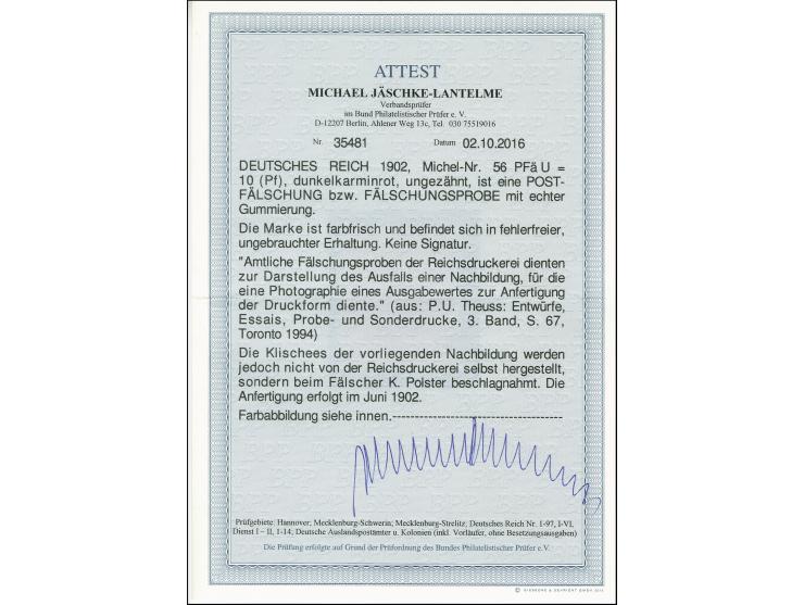 10 Pfg. dunkelkarminrot, ungezähnte Postfälschung, ungebraucht, tadellos, Fotoattest Jäschke-L. BPP (2016) (Mi. 250,-)
