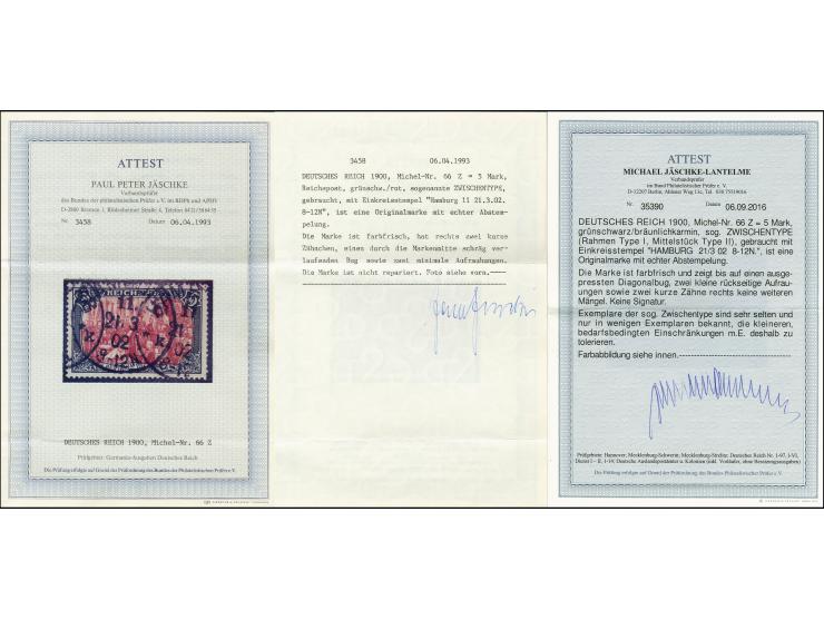 5 M. grünschwarz/bräunlichkarmin, sogen. Zwischentype (Rahmen Type I, Mittelstück Type III), sehr sauber gestempelt, farbfris