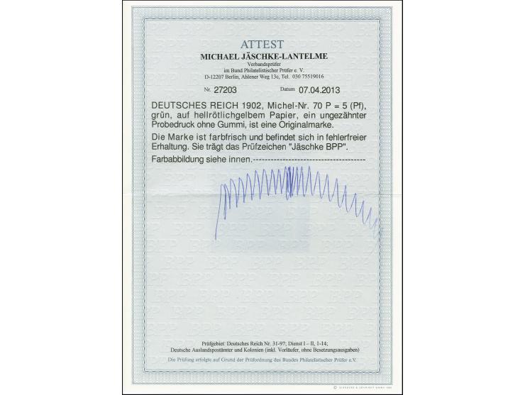 Probedruck 5 Pfg. grün auf hellrötlichgelbem Papier, ungezähnt, ungebraucht ohne Gummi, tadellos, sign. Jäschke BPP und Fotoa