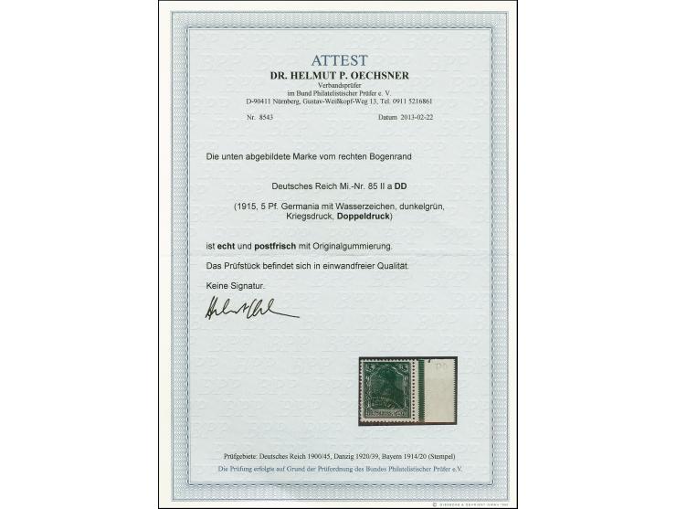 5 Pfg. opalgrün mit Doppeldruck, Randstück, postfrisch, tadellos, Fotoattest Oechsner BPP (2013) (Mi. 900,-)