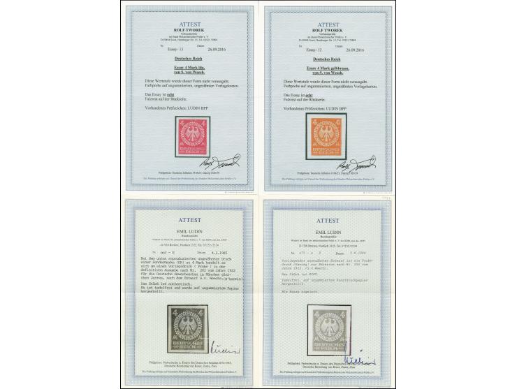 Essay Deutsche Gewerbeschau 4 M. ungez&auml;hnt in den Farben Lila und Gelbbraun, ungebraucht ohne Gummi, tadellos, sign. Lud