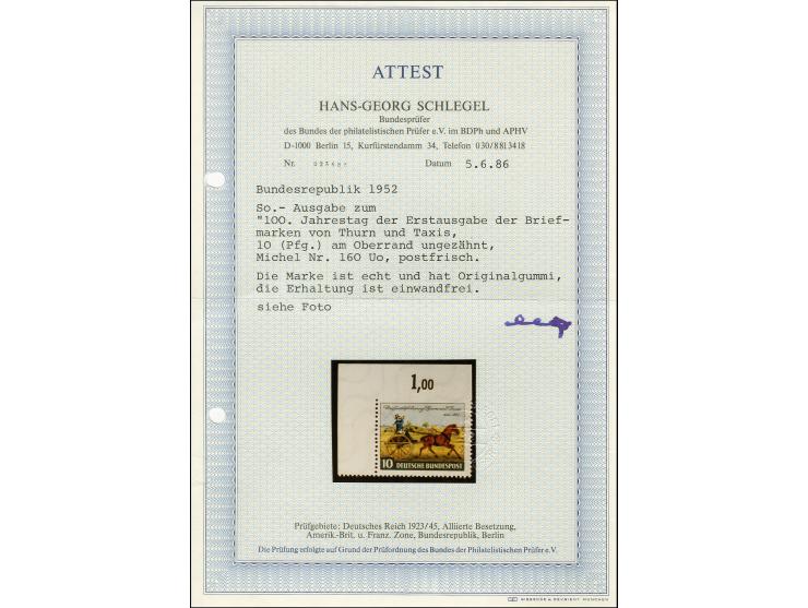 1952, 100. Jahrestag der Erstausgabe der Briefmarken von Thurn und Taxis 10 Pfg. oben ungezähnt, aus der linken oberen Bogene