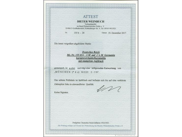 3 M. auf 1 1/4 M. karminrot/dunkelkarminlila mit stumpfem Aufdruck, gestempelt, eine verkürzte Zahnspitze links, sonst tadell