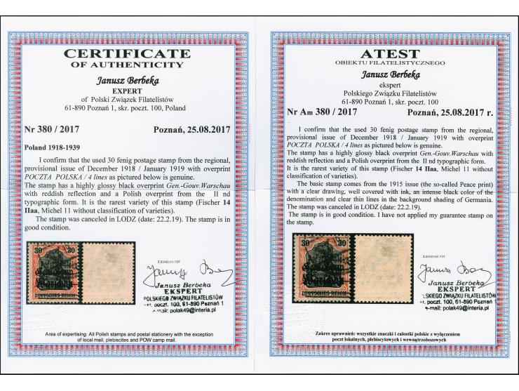 30 pfg. with black-reddish glossy overprint, used, rare, certificate Berbeka (2017)(Fischer.-Nr. 14IIaa)