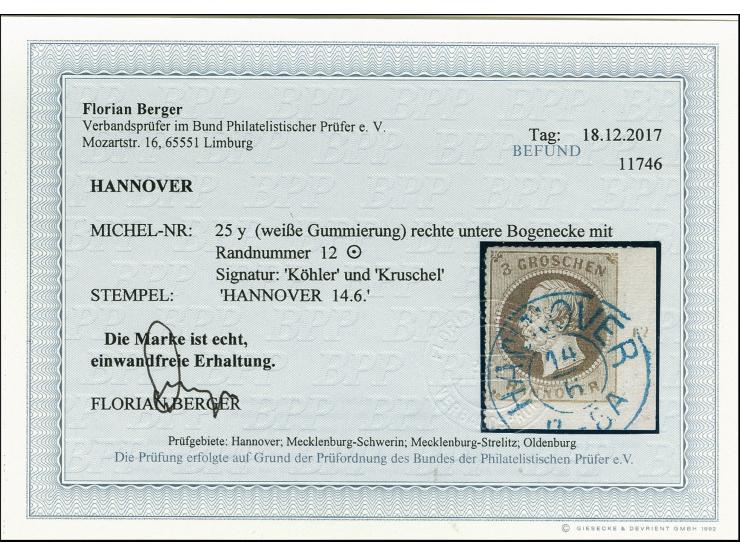 3 Gr. braun, weiße Gummierung, rechte untere Bogenecke mit Reihenzähler "12", sauber entwertet durch DKr. "HANNOVER 14/6", Ka