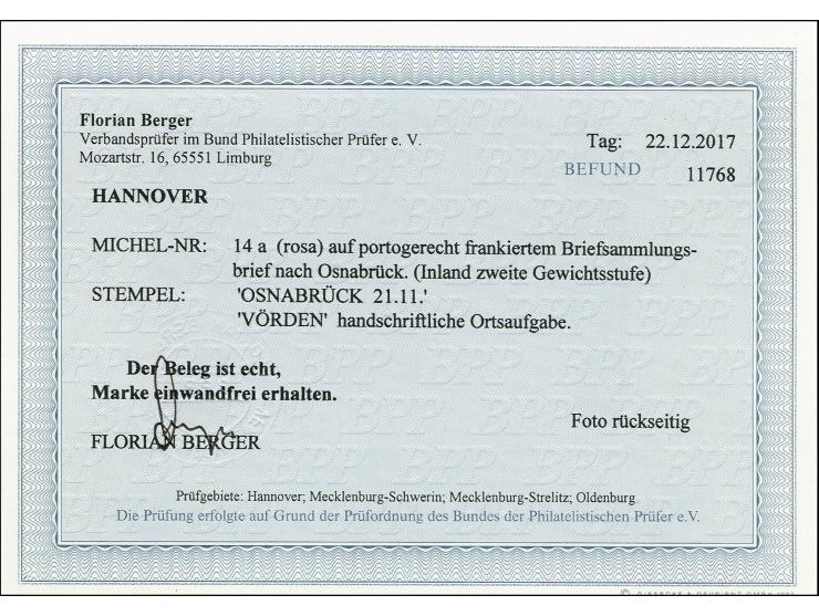 1 Gr. rosa, allseits breitrandig auf kpl. Faltbrief der 2. Gewichtsstufe mit handschriftlichem Aufgabevermerk "Vörden" nach O