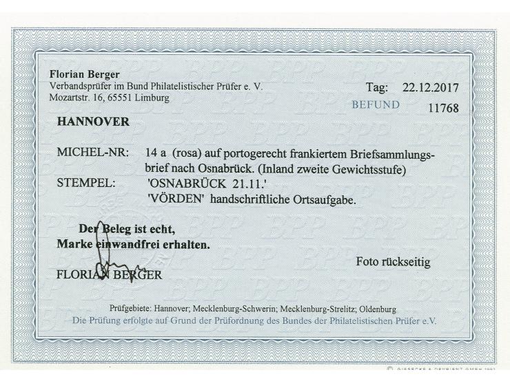 1 Gr. rosa, allseits breitrandig auf kpl. Faltbrief der 2. Gewichtsstufe mit handschriftlichem Aufgabevermerk "Vörden" nach O