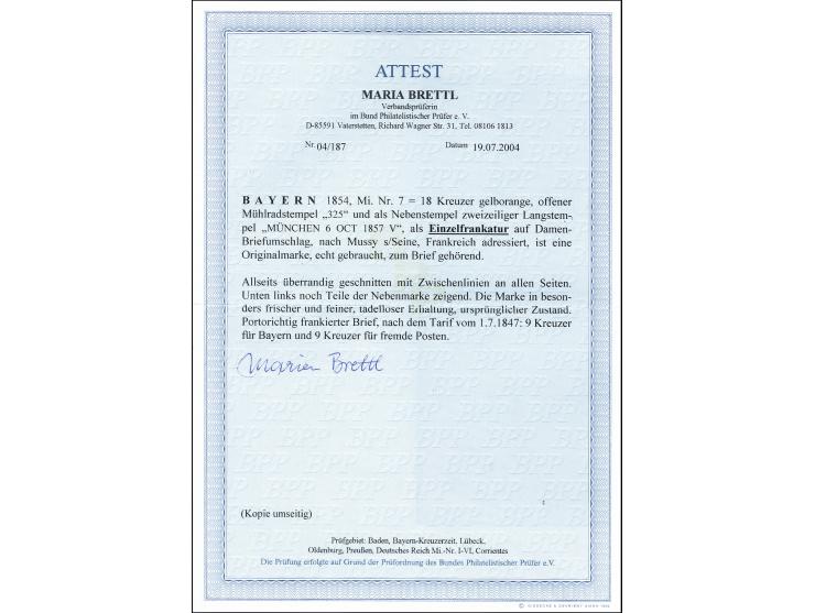 18 Kreuzer gelborange, allseits überrandig mit Zwischenlinien an allen Seiten und Teil der linken Nachbarmarke, mit oMR "325"