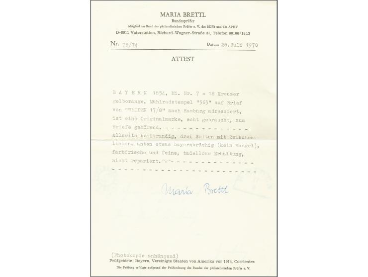 18 Kr. gelborange, farbfrisch und allseits breitrandig mit gMR "563" und sauber nebengesetztem Halbkreisstempel "WEIDEN 17/8"