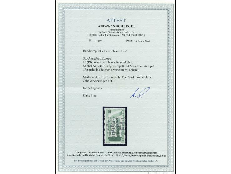 1956,  Europa 10 Pfg. mit seitenverkehrtem Wasserzeichen, sauber mit Maschinenstempel entwertet, kleine Zahnverkürzungen, son