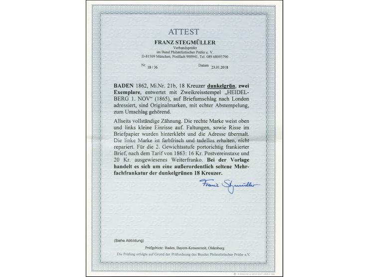 18 Kr. dunkelgrün, 2 Einzelwerte, beide farbfrisch und einwandfrei gezähnt, ein Wert mit 2 Einrissen oben und links, mit klei