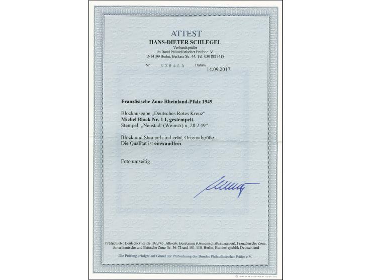 Rotes-Kreuz-Block mit zentrischem Stempel "NEUSTADT (WEINSTR.) 28.2.49", tadellos, Fotoattest Schlegel BPP (2017) (Mi. 1.500,