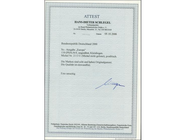 2000, CEPT 110 Pfg. ungezähnt im kpl. Kleinbogen, postfrisch, Fotoattest D. Schlegel BPP (2006) (Mi. 3.000,-)